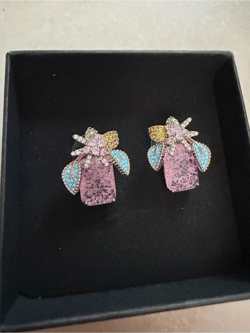 Pink Crystal Floral Stud Earrings with Blue and Gold Accents